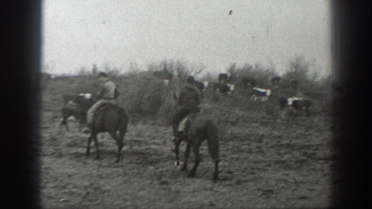 1939 Montana home-movie frame with riders on horseback and cattle spread across brushy open ground.