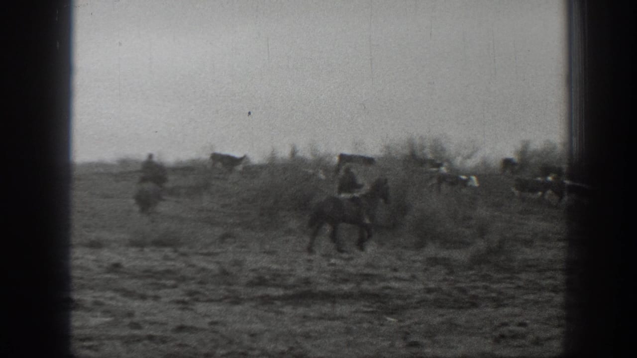 1939 Montana home-movie frame showing distant cowboys on horseback guiding livestock across rough open ground.