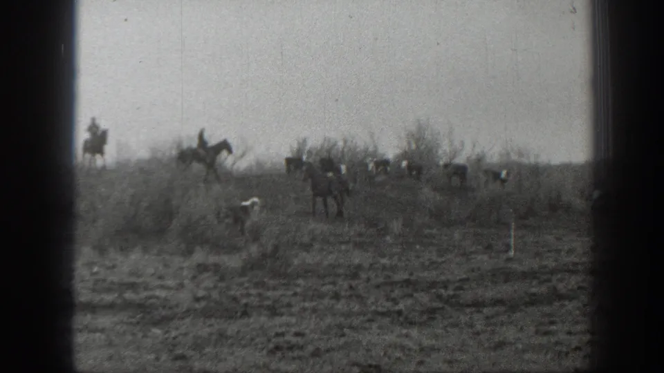 Montana 1939 home-movie frame showing distant mounted cowboys, horses, and cattle spread across open range.