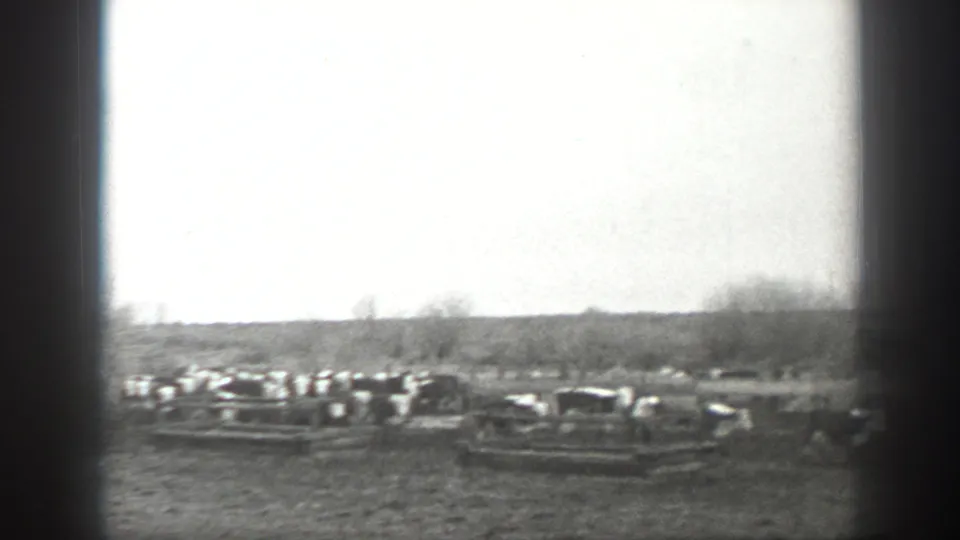 Cattle appear gathered behind fencing in the Montana prairie scene, seen at a distance through soft black-and-white 8mm footage.
