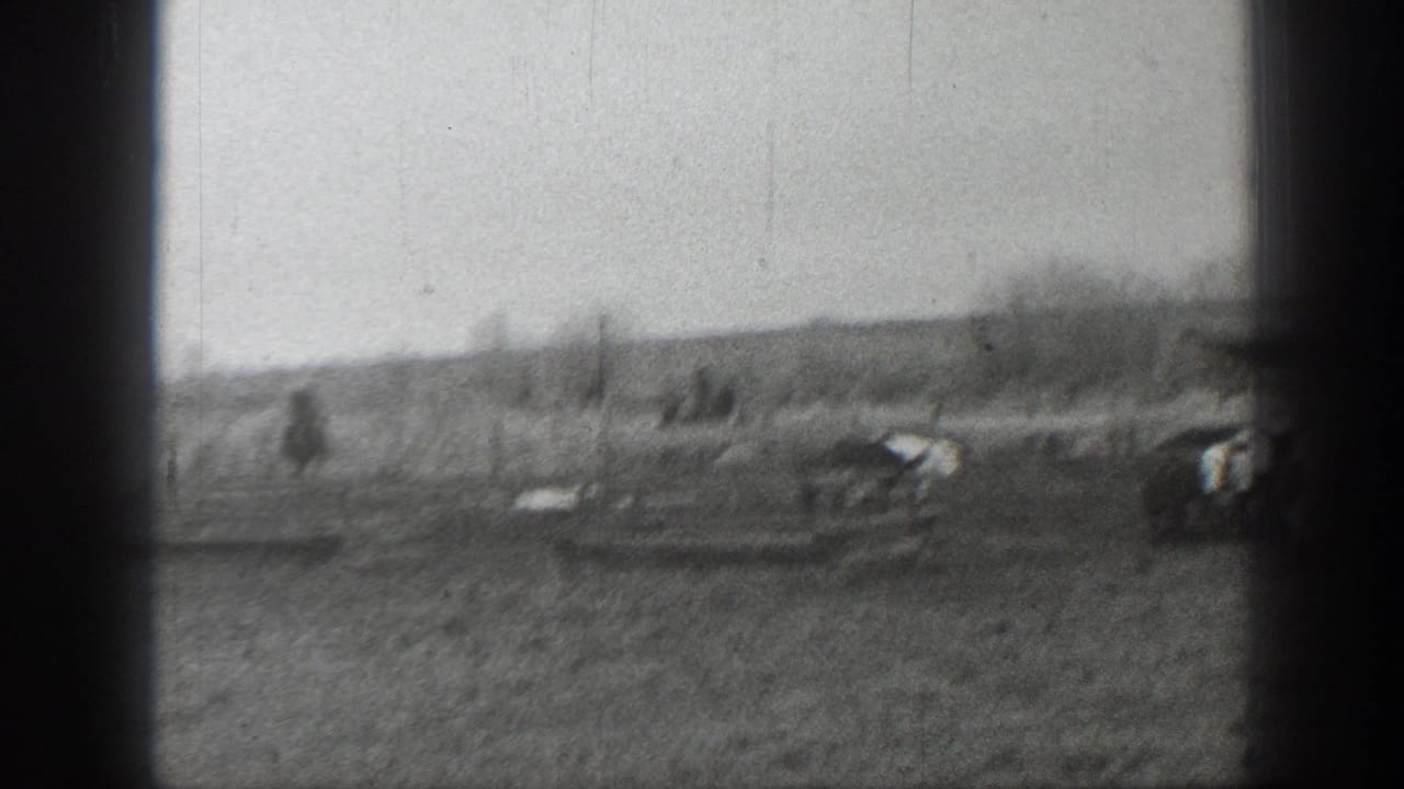 Black-and-white 1939 Montana home-movie frame showing cattle scattered across a rural field near low farm structures.