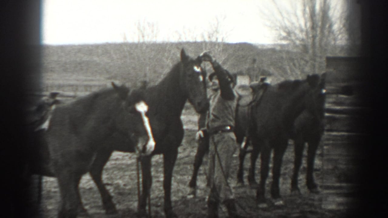 Man in work clothes stands close to several horses in a 1939 Montana ranch field, with fencing and low hills behind them.
