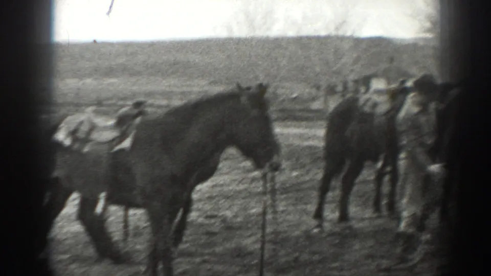 Several horses stand close together in soft-focus 1939 Montana ranch footage, with one saddle visible and fencing in the background.