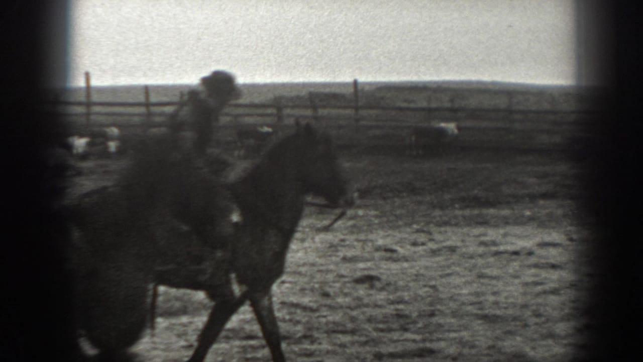 Mounted rider moving through a fenced corral with open range behind him.