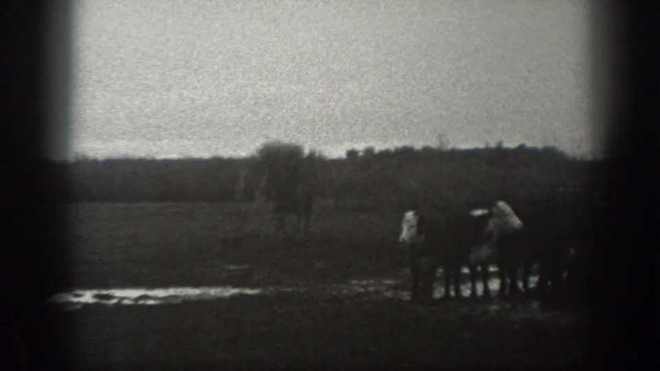 1939 Montana rural frame with people gathered beside livestock at the edge of an open pasture and distant hills.