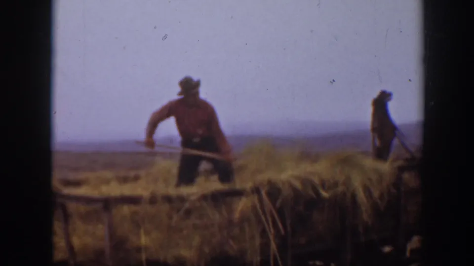 A farmer in a hat works hay with a pitchfork beside the wagon, with another adult figure silhouetted against the field.