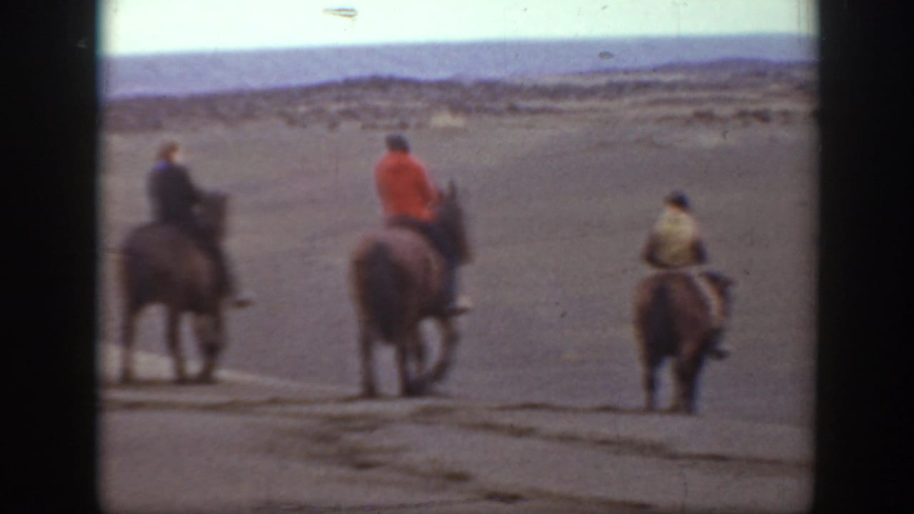 Three riders on horseback, including one in an orange jacket, cross open Montana ground in 1939 home-movie footage.