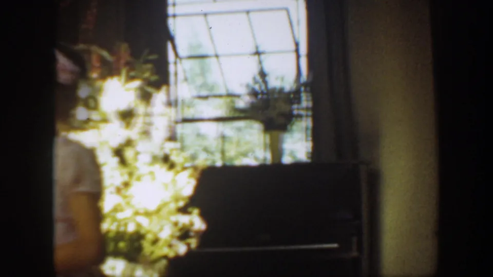 A partially cropped wedding figure with flowers moves past a bright window in the Montana interior, with a dark upright object nearby.