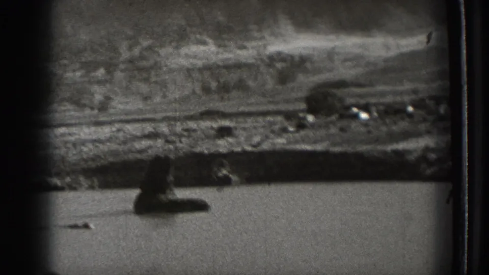 Black-and-white 8mm frame from Washington showing a dark ambiguous form in the water foreground, with shoreline and hillside beyond.