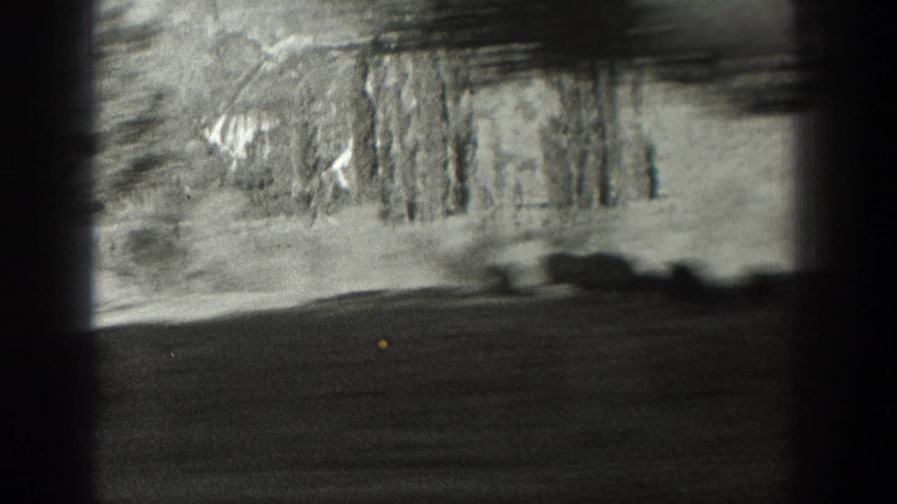 Blurred black-and-white roadside view with trees and dark foreground from a moving perspective.