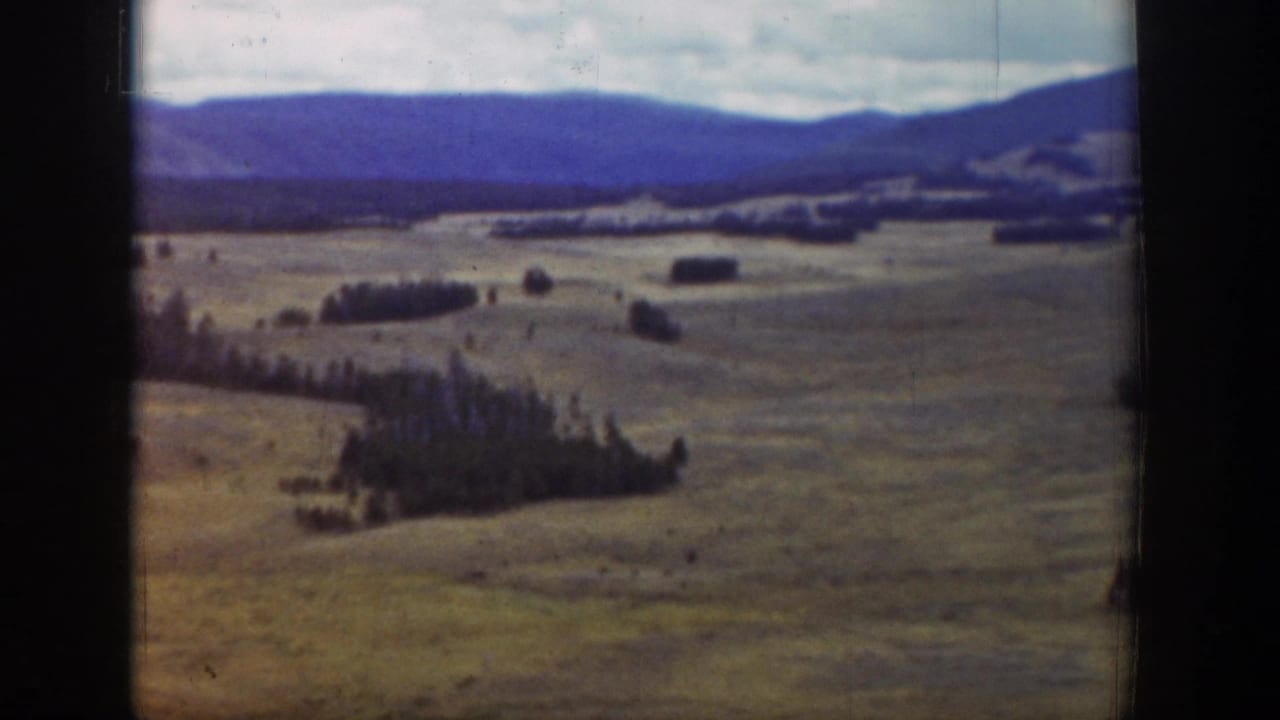 1939 Wyoming 8mm frame showing a broad valley with rolling fields, dark tree stands, and blue-purple mountains beyond.