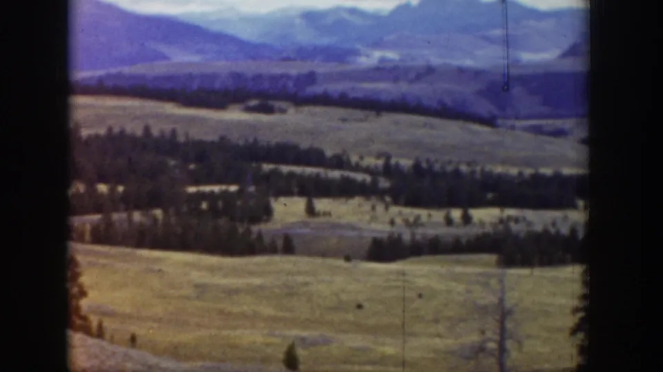 1939 Wyoming valley frame showing open golden fields, tree lines, distant mountains, and vertical 8mm film wear.