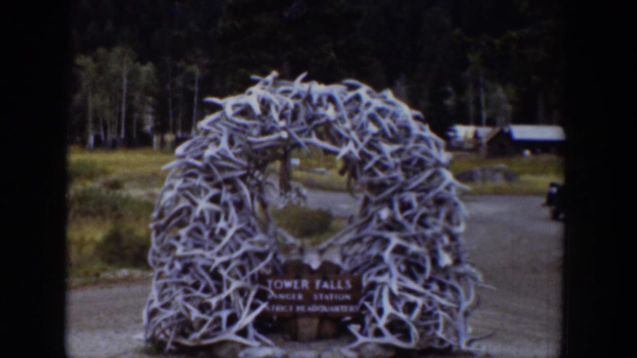 1939 Wyoming 8mm frame showing a white antler arch at the Tower Falls Ranger Station entrance with cabins and forest behind it.