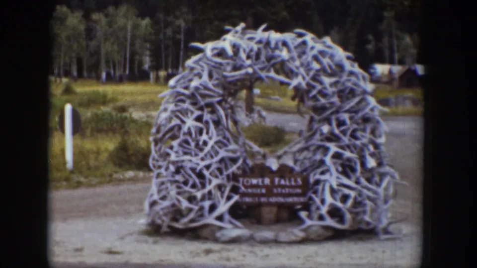 1939 Wyoming footage frame with the Tower Falls Ranger Station sign beneath a circular antler arch, with park road and trees visible.