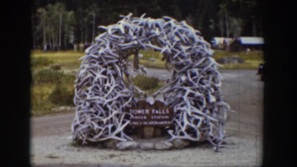 A steady 1939 Wyoming home-movie frame shows the antler arch entrance marker for Tower Falls Ranger Station against cabins and forest.