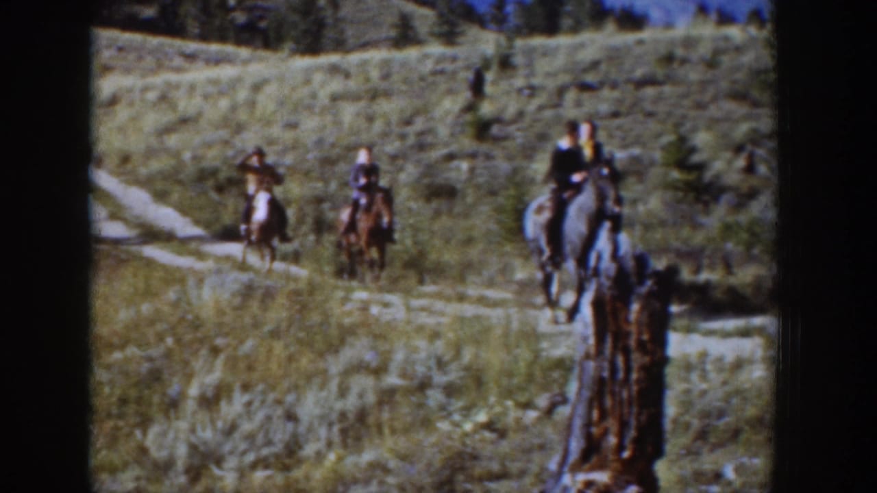 Horseback riders approach on intersecting dirt paths across a sunlit hillside.