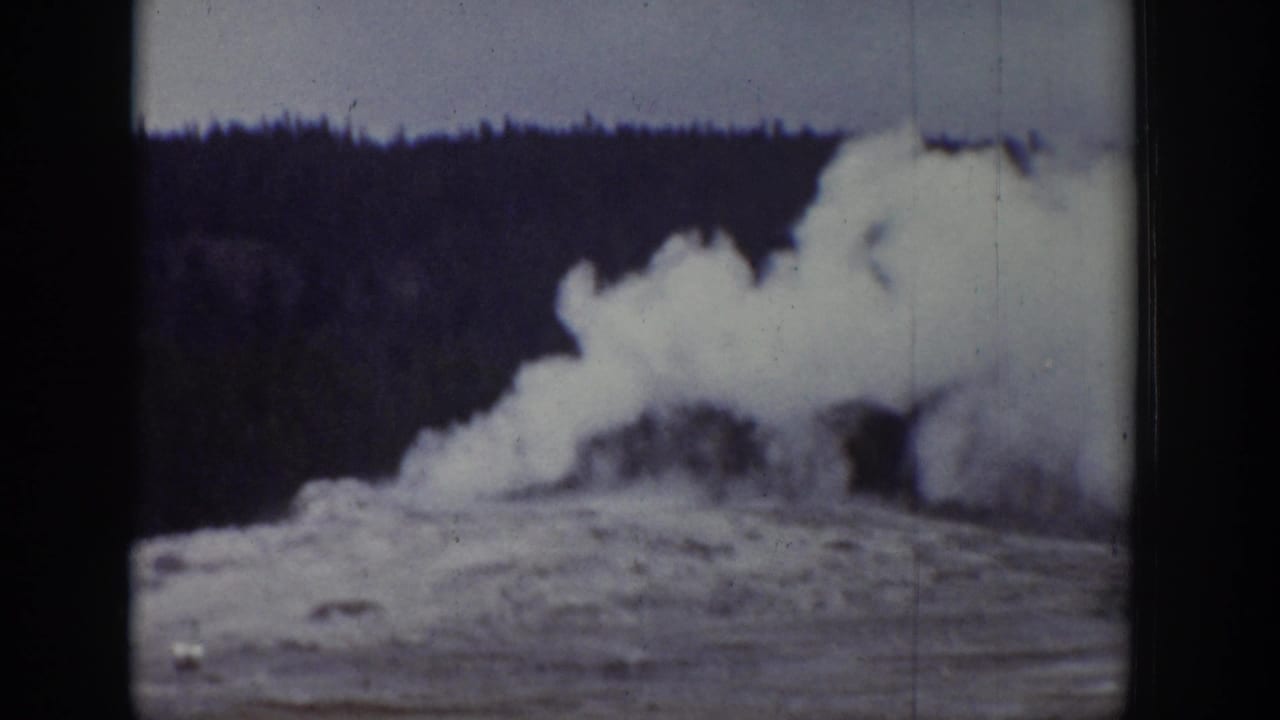 Steam erupts beside a dark forest edge under a pale sky.
