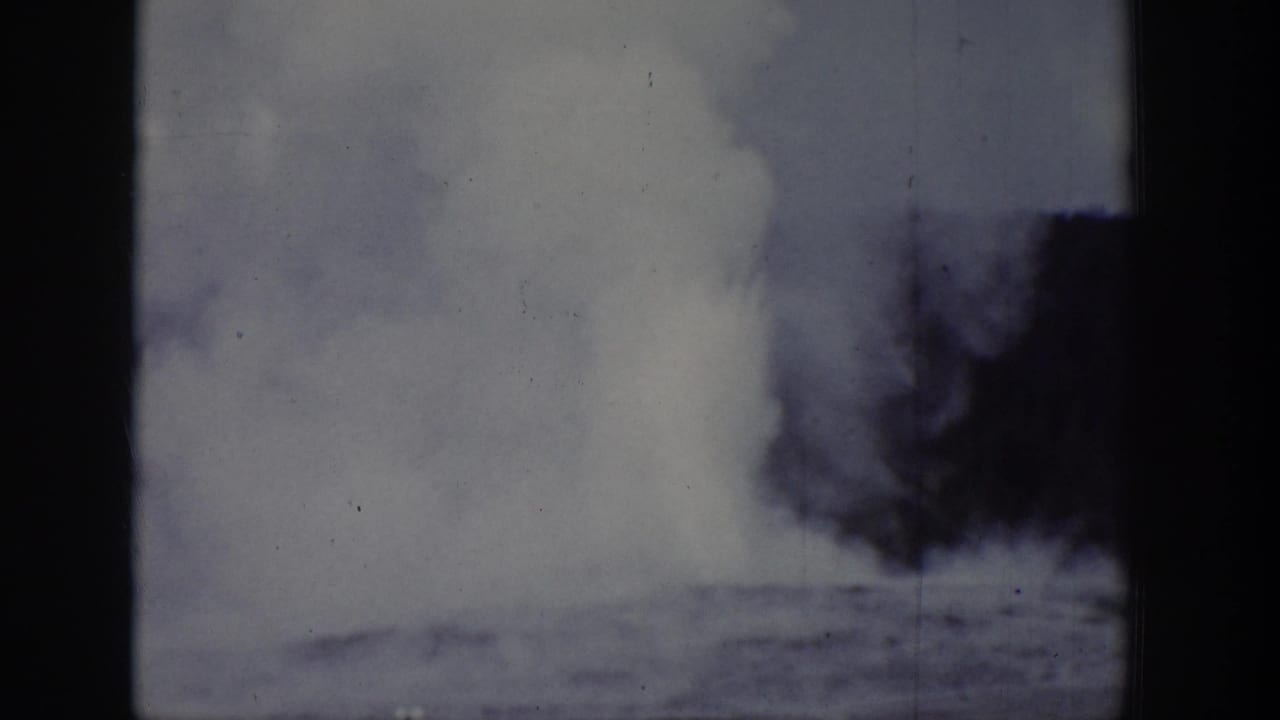 Distant geyser plume behind trees, partly obscured by dark vertical film-frame borders.