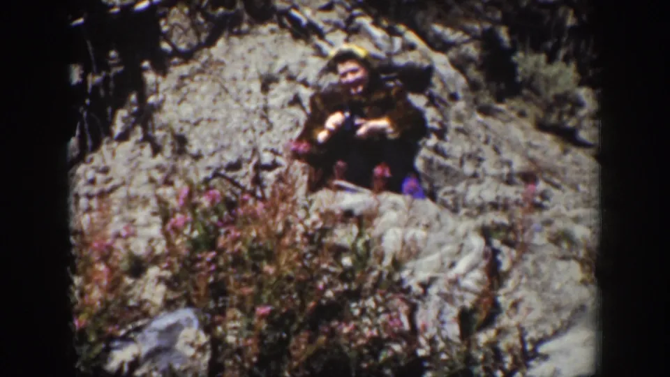 1939 Wyoming home-movie frame showing a seated woman on a rocky slope, with brush, wildflowers, and strong sunlight in the foreground.