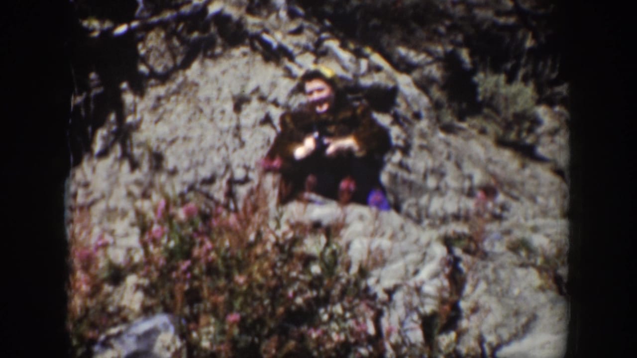 1939 Wyoming 8mm frame showing a person partly obscured among rocks and wildflowers beside a rugged outdoor bank.