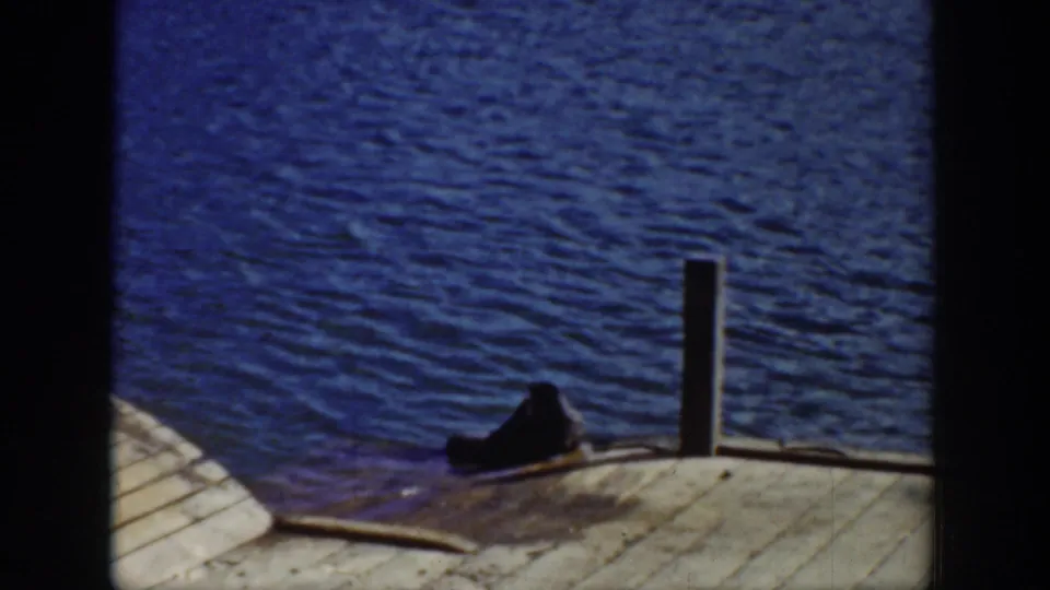 The view shifts to a wooden dock beside rippling blue lake water, with a dark object resting near the edge.