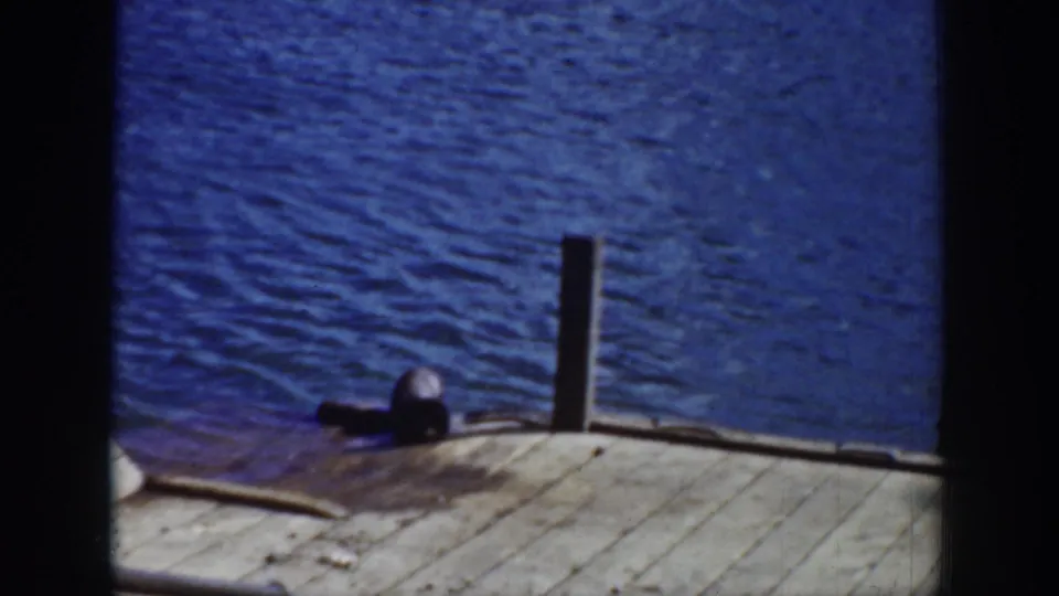 A small dark seal remains near the dock edge, seen against weathered planks and rippling blue water in archival 8mm footage.