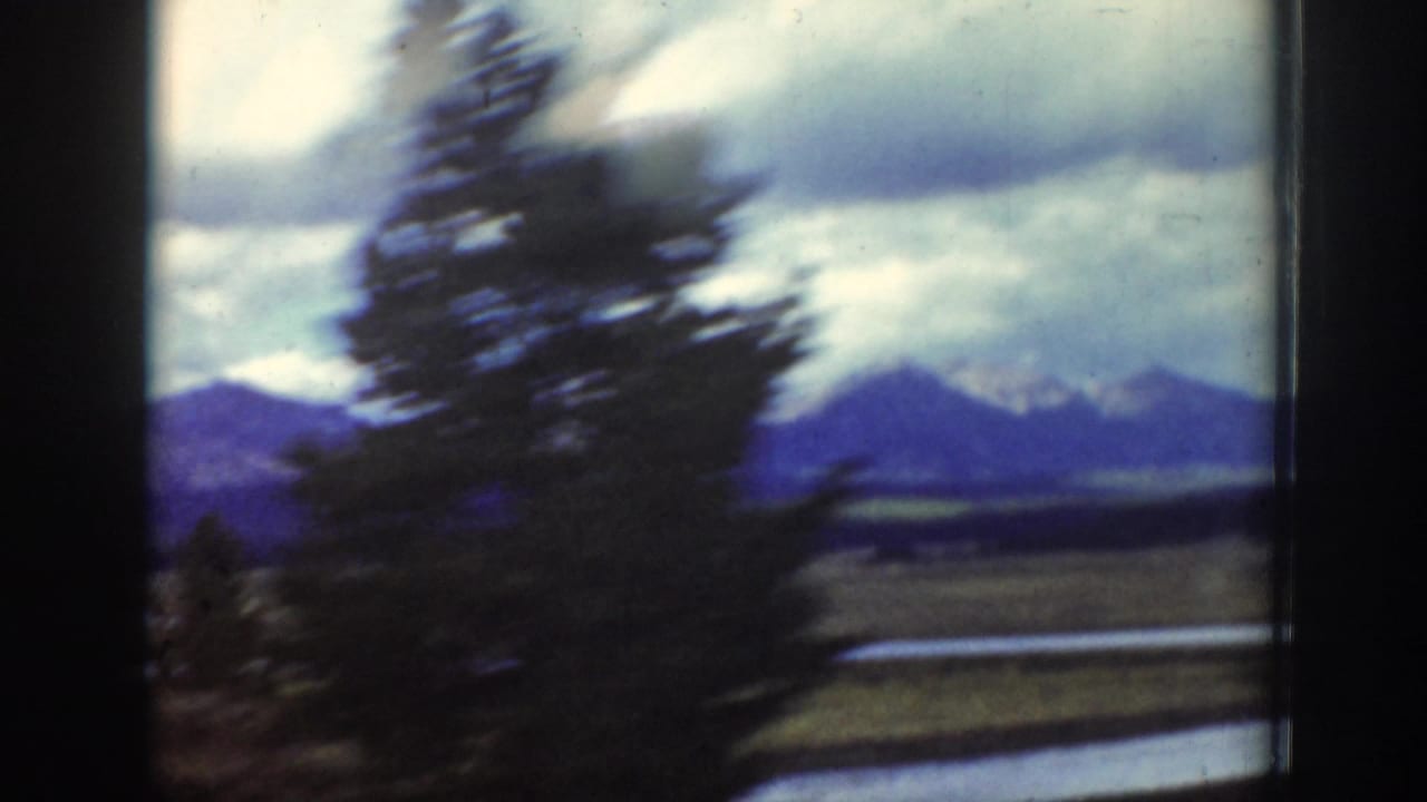 1939 Wyoming 8mm frame showing a blurred roadside tree, distant mountain ridges, valley land, and water under cloud cover.