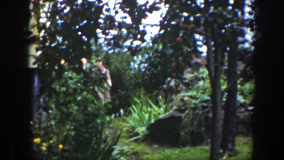 Final frame shifts to a leafy outdoor garden or yard, with trees, shrubs, grass, and dark 8mm frame edges visible.