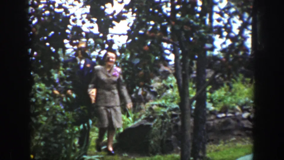 The final frame shows the woman stepping forward in a wooded Wyoming setting, with a man close behind and foliage on both sides.
