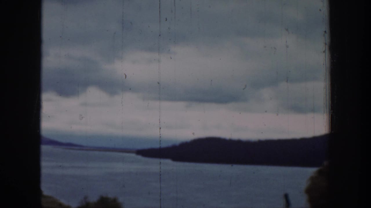Lake and wooded headland under a cloudy sky, divided by dark foreground framing.