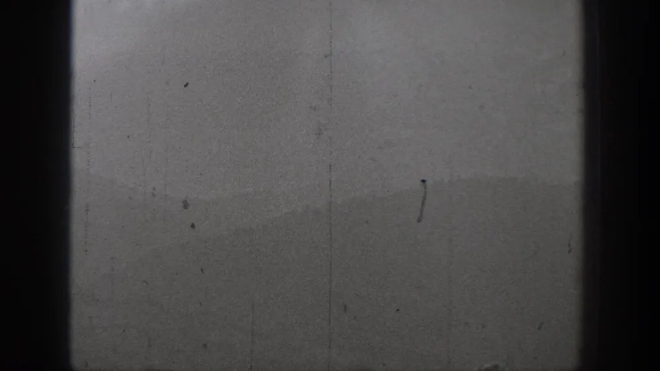 Soft black-and-white 8mm view of water and a hazy mountain or shoreline form, with no close figures visible in this frame.