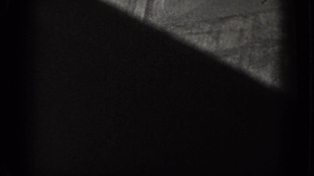 1940 home-movie frame with dark airplane structure dominating the view and a faint landscape visible beyond the window.