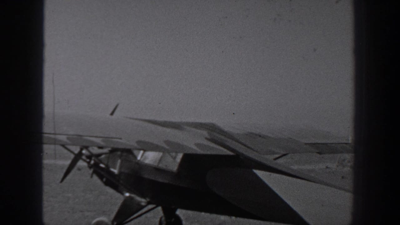 Small propeller airplane seen beyond dark vertical bars on a flat open surface.