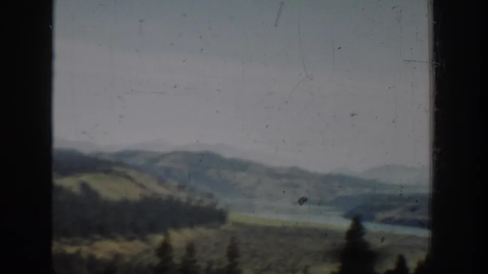 Grainy home-movie frame from Washington showing foreground trees, distant hills, and a body of water under a pale sky.