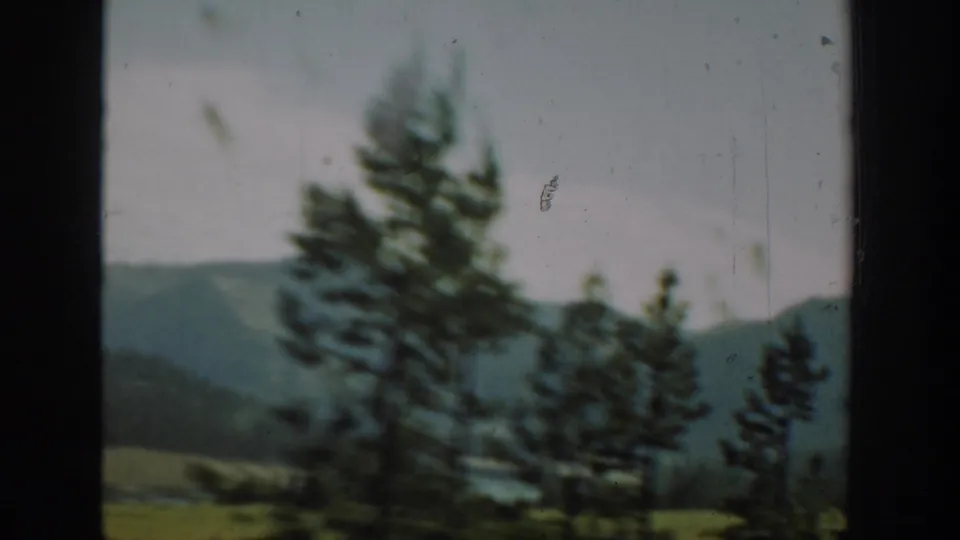 Washington 8mm home-movie frame with foreground evergreens, muted hills, and a hazy mountain backdrop seen from a moving viewpoint.
