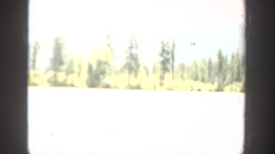 Overexposed 8mm view of a lake and evergreen shoreline, supported by Washington 1940 clip metadata.