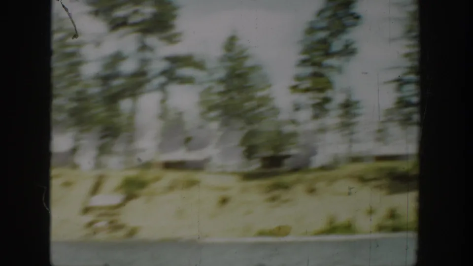 Motion-blurred 1940 Washington boat view passing evergreen trees and shoreline near lake cabins.