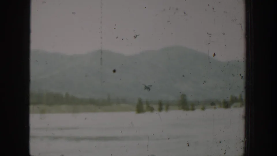 1940 Washington home-movie frame showing pale water, sparse evergreens, and misty hills under overcast light, with 8mm dust and scratches visible.