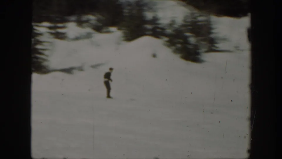 A single skier is seen from a distance on a broad snowy hill, with evergreen trees at the upper edge of the frame.