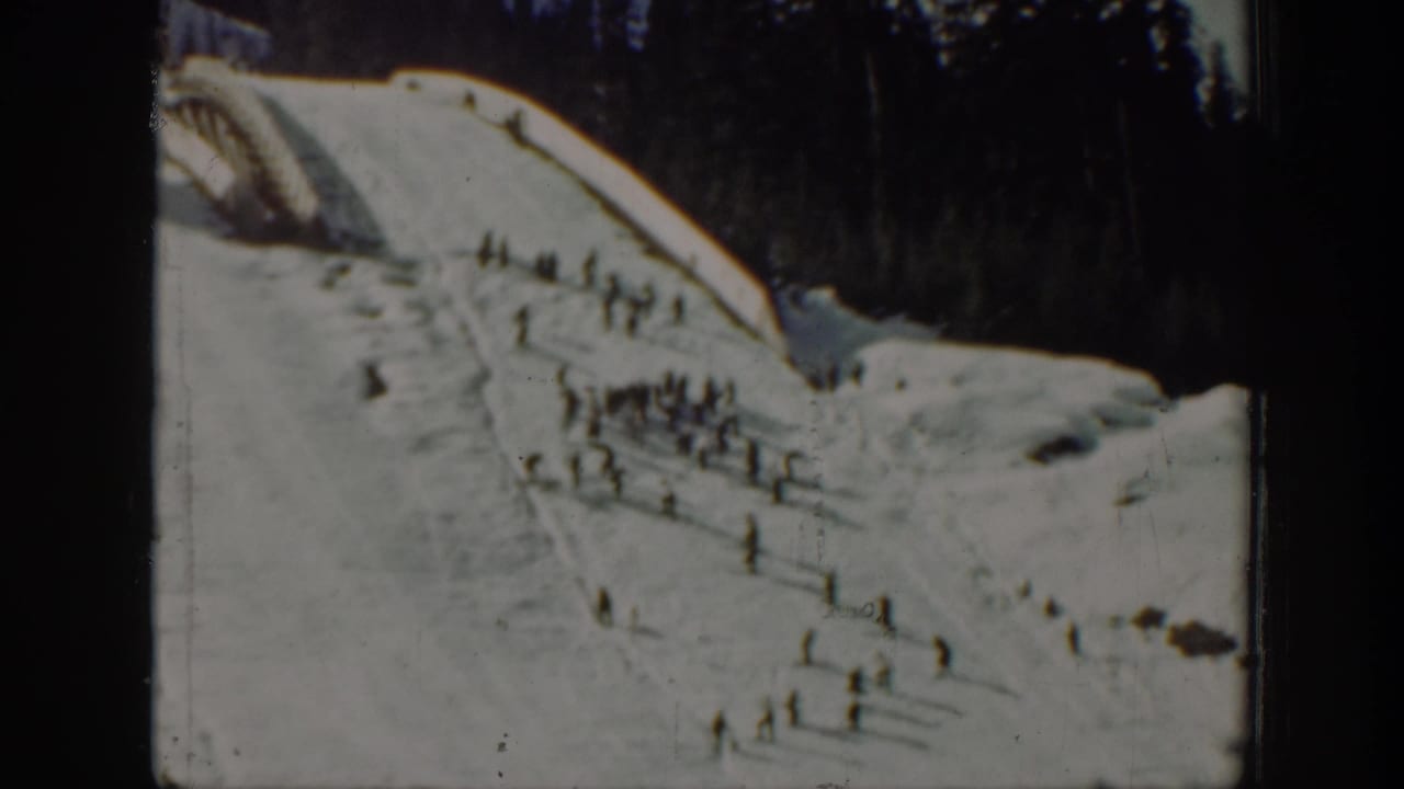 Snow-covered ski hill with many distant people on the slope and trees behind.