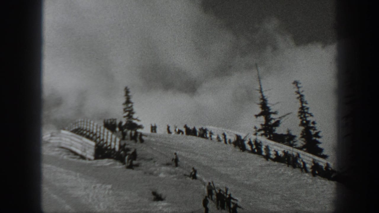 Distant skiers and spectators on a snowy hillside beside a fence and tall trees.