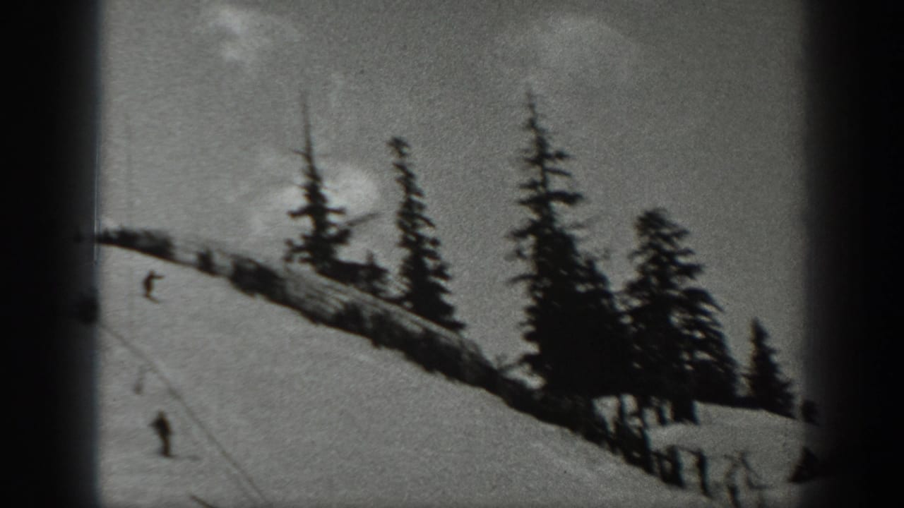 Skier descends a snowy slope below evergreen trees and a dark ridge.