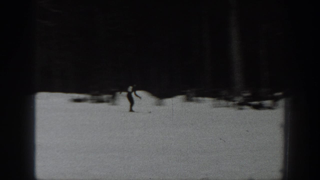 Small skier crosses an open snowfield near a dark tree line.