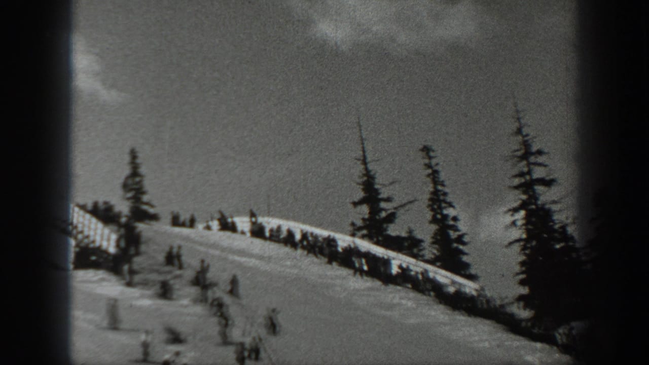 Snowy hillside with skiers and small figures near evergreen trees.