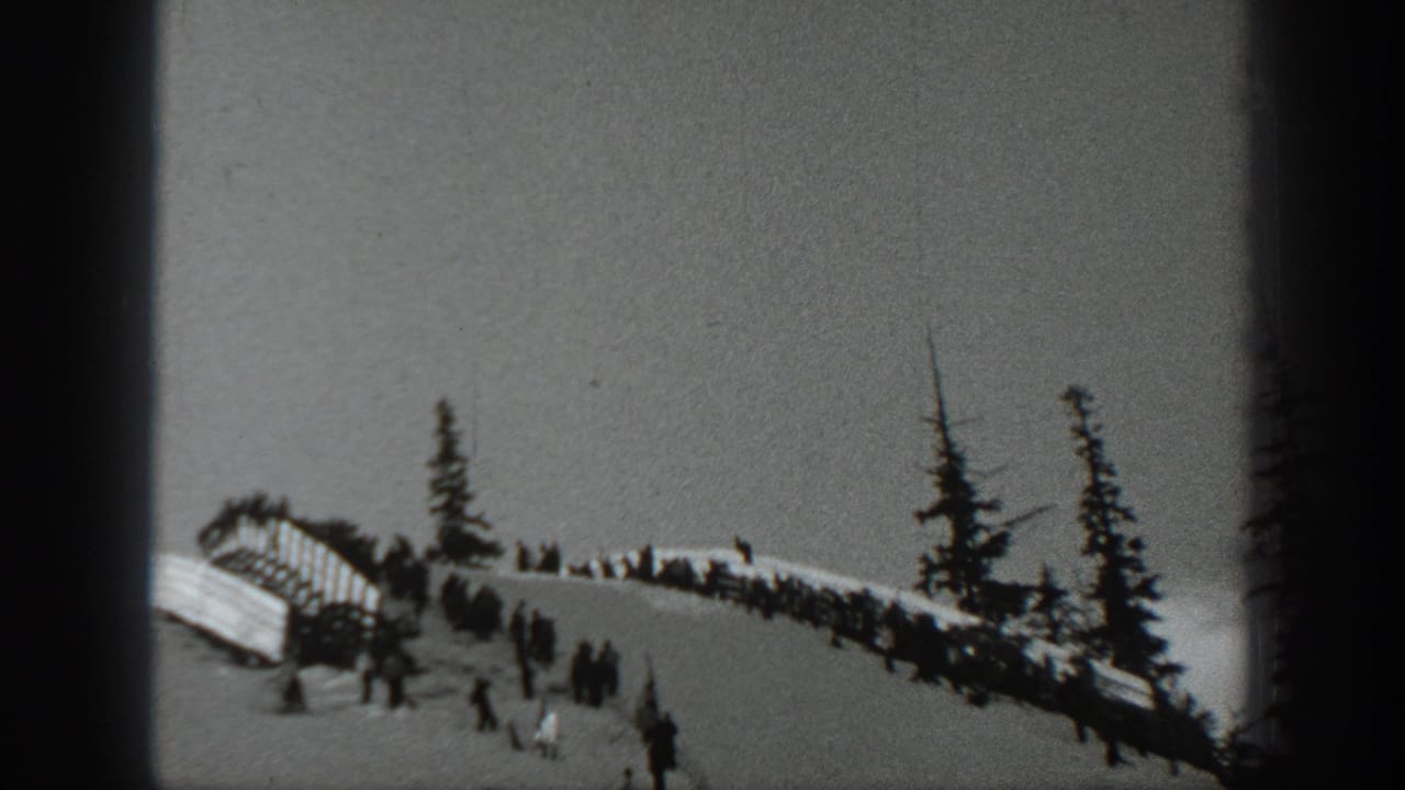 Distant ski ramp area with spectators lined along a snowy ridge and evergreen trees nearby.