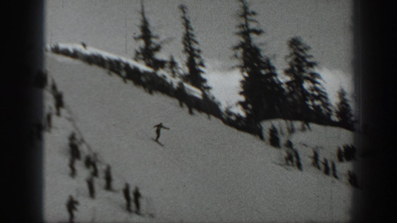 Lone skier descends an open snowy slope below a tree-lined ridge.