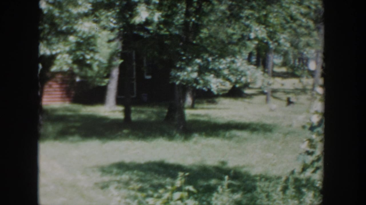 1953 Wisconsin 8mm frame showing a shaded grassy lakeside yard with trees and a small cabin partly visible at left.