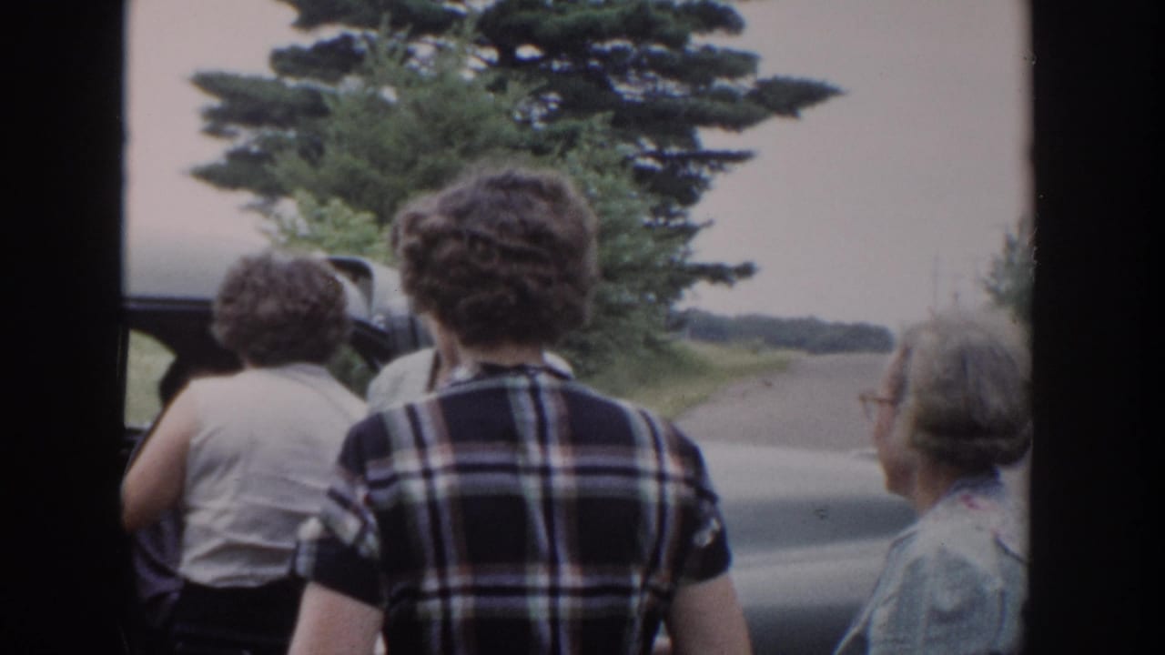 Women face a car with its door open beside a paved rural road.
