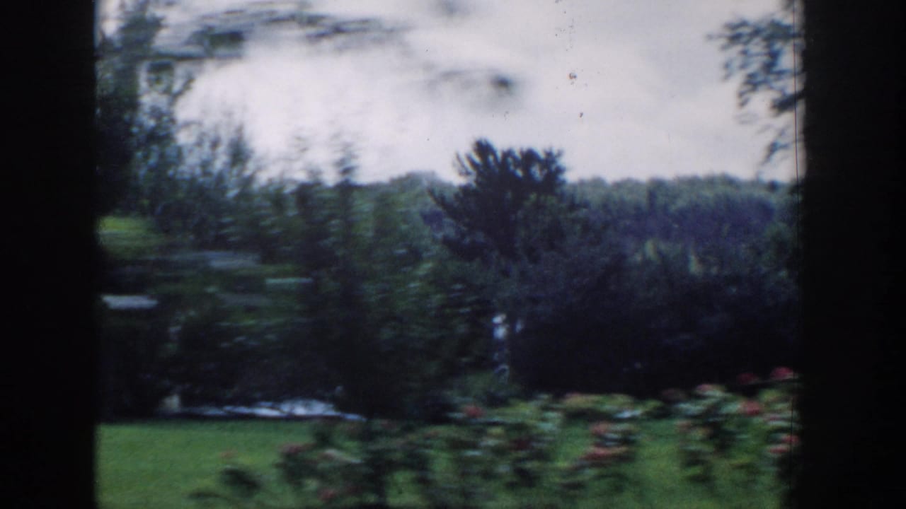 Soft 8mm frame from Wisconsin Dells showing a green park bordered by trees, shrubs, and a distant landscape beyond the lawn.