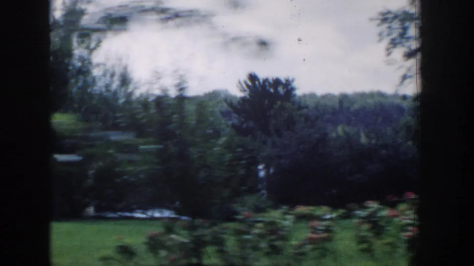 Soft 8mm frame from Wisconsin Dells showing a green park bordered by trees, shrubs, and a distant landscape beyond the lawn.